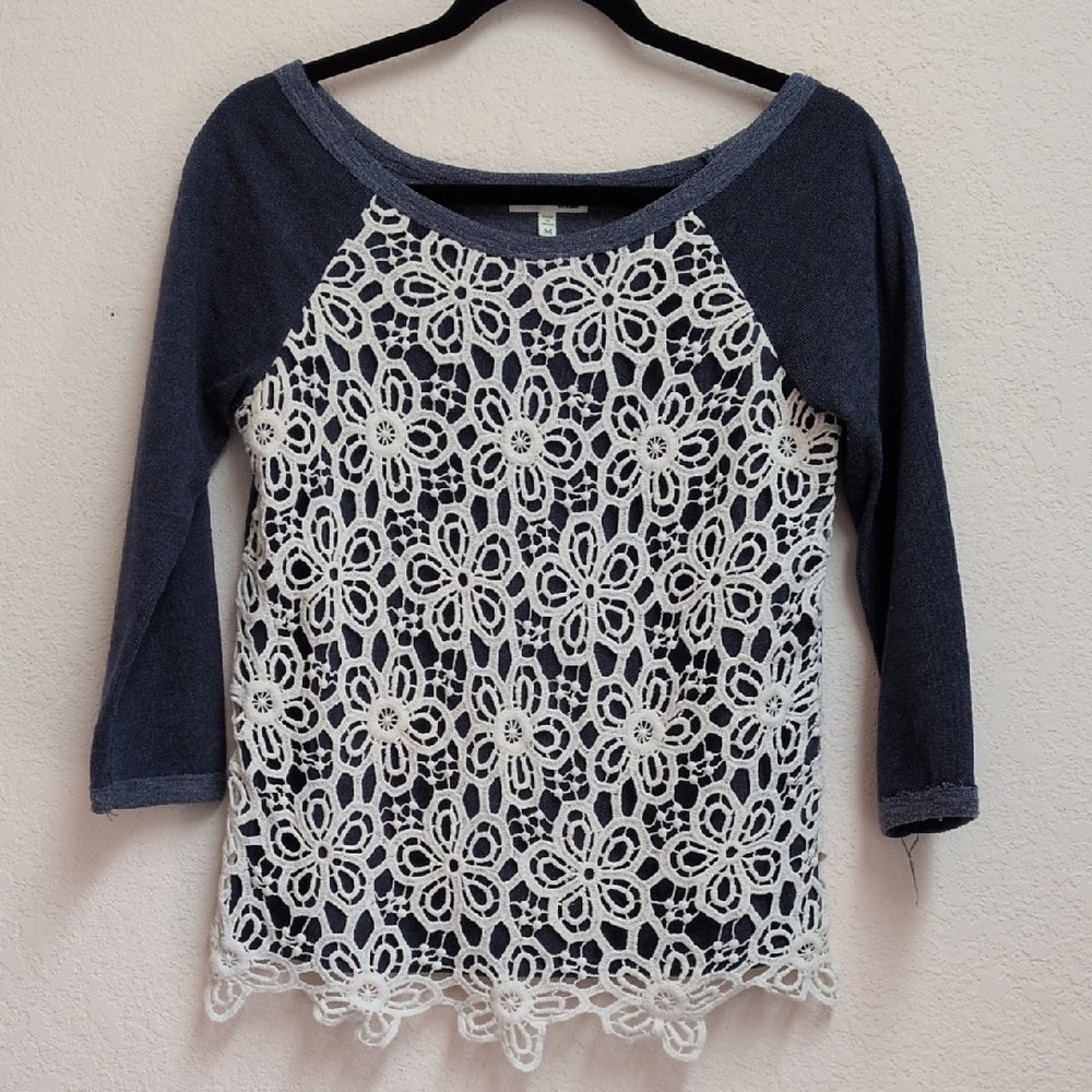 Monteau Navy and White Floral Lace Blouse